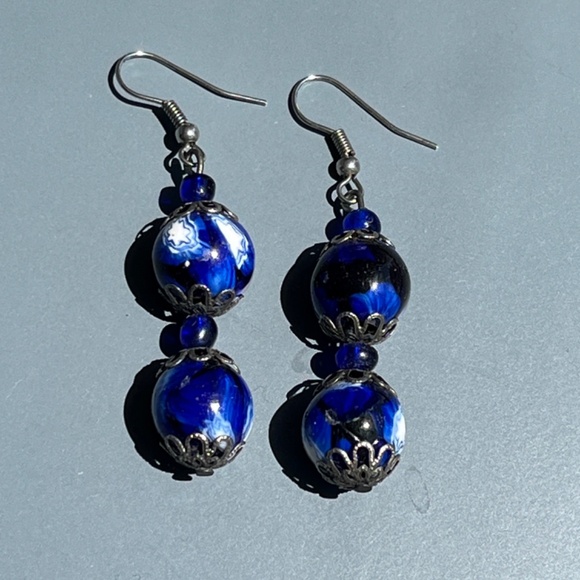 Hand made artisnal earrings with blue glass beads. - Picture 3 of 9